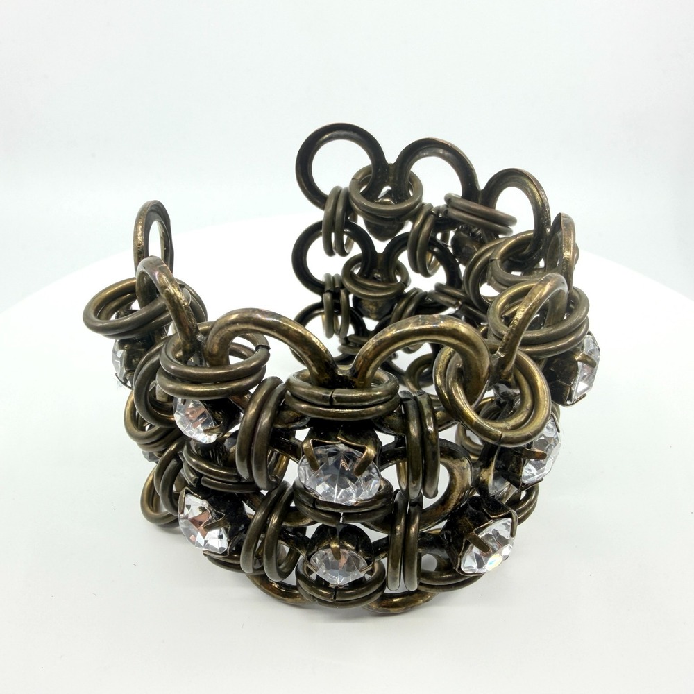 VTG Chainmaille Cuff Bracelet Antique Brass Rhinestone Statement Classic